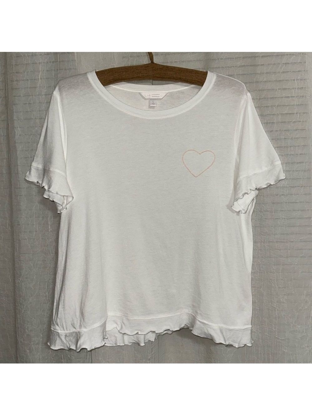 LC L Boxy Fit Crew Short Sleeve Ruffle Trim Crop Top